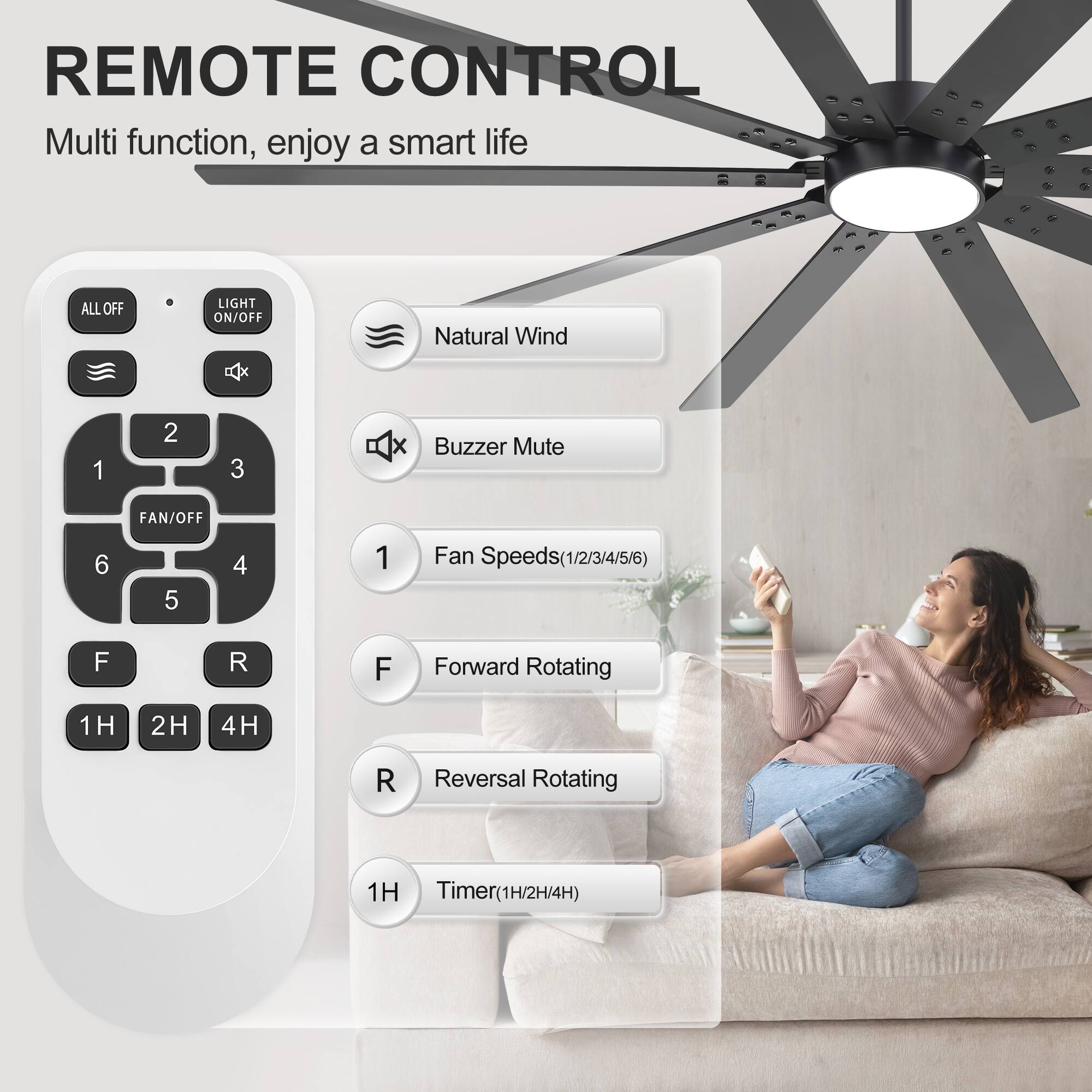 REMOTE CONTROL  
Multi function, enjoy a smart life  

- ALL OFF  
- LIGHT ON/OFF  
- Natural Wind  
- Buzzer Mute  
- FAN/OFF  
- Fan Speeds (1/2/3/4/5/6)  
- Forward Rotating  
- Reversal Rotating  
- Timer (1H/2H/4H)