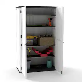 Yardgrace - 66 Cu.ft Waterproof Resin Vertical Storage Shed with 4 shelves, Outdoor Storage Box for Garden, Backyard, Home & Poo - White