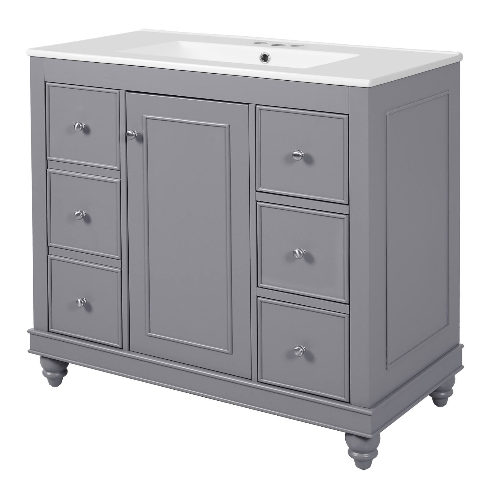Front. Glintex - 36-Inch Bathroom Vanity with Ceramic Sink, 4 Drawers, Adjustable Shelf and Soft-Close Door - Gray.
