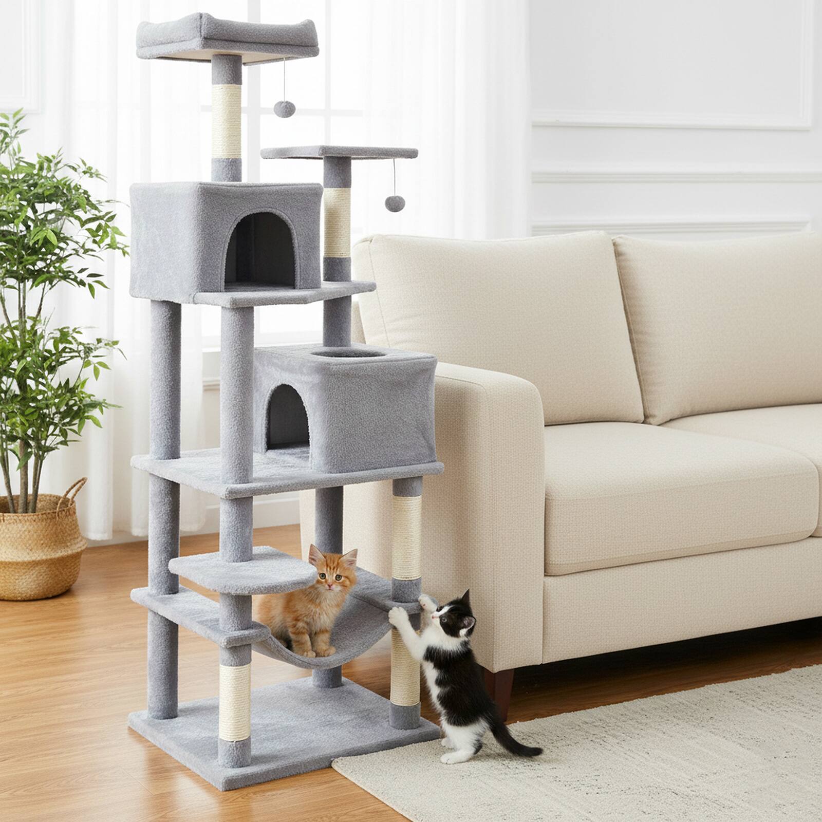 Alt View 3. Costway - Costway 70" Cat Tree for Indoor Cats with Padded Top Perch, Dual Condos, Hammock, Platforms - Light Gray.