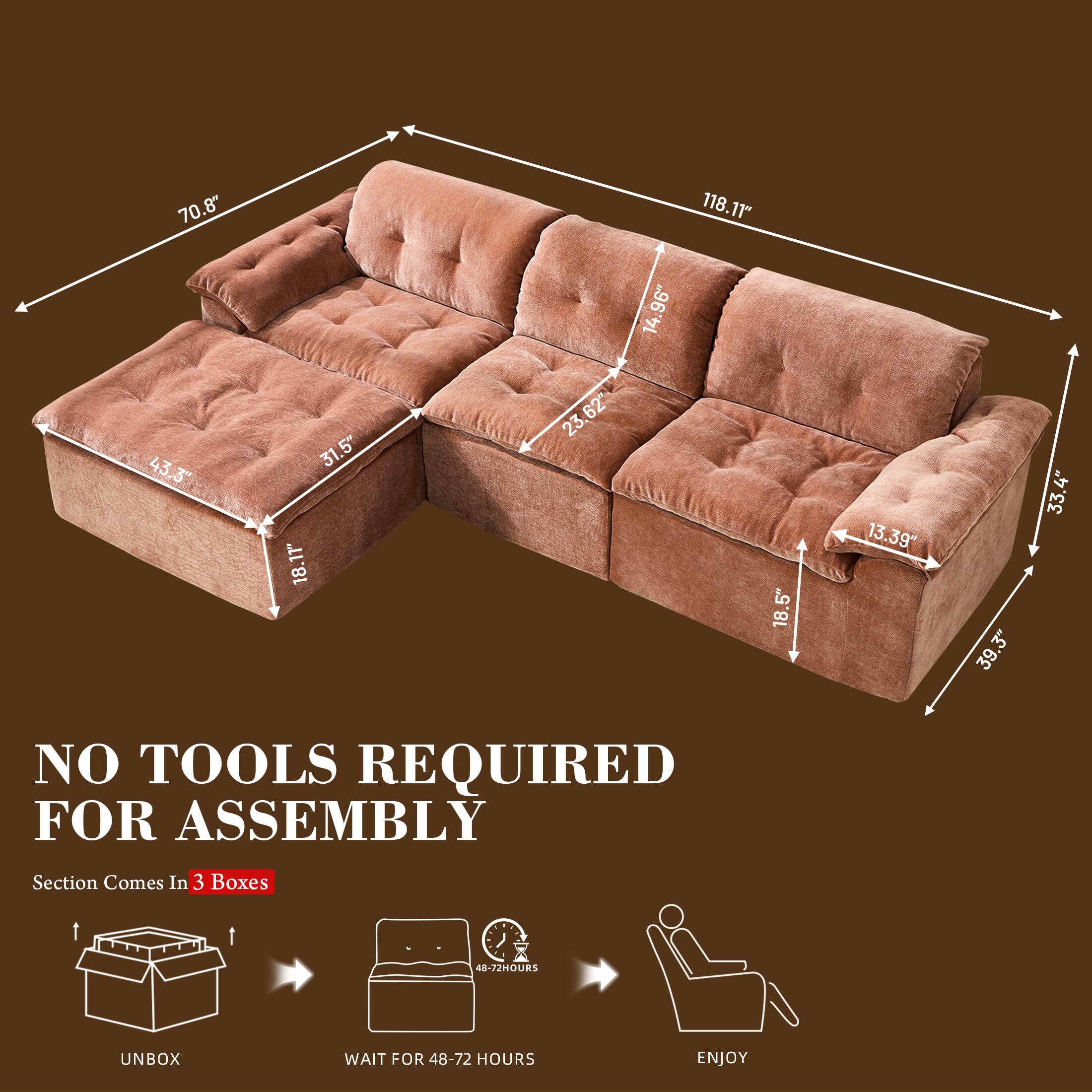 70.8" 118.11" 14.96" 43.3" 31.5" 18.11" 18 23.62" 23" 18.5" 13.39" 39.3" 33.4"  
NO TOOLS REQUIRED FOR ASSEMBLY  
Section Comes In 3 Boxes  
UNBOX  
WAIT FOR 48-72 HOURS  
ENJOY