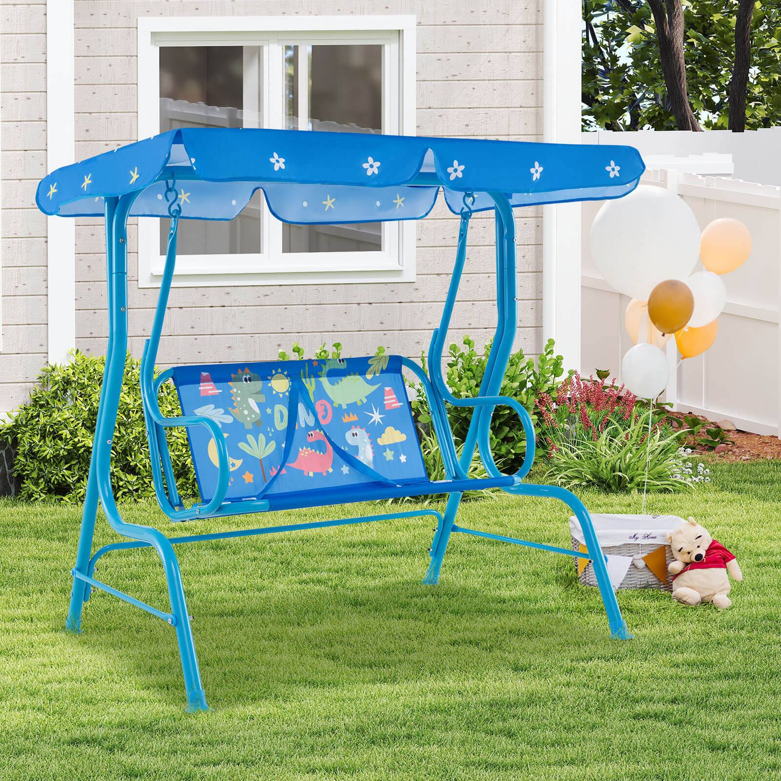 Alt View 3. Costway - Costway 2-Seater Toddler Porch Swing Chair with Metal Stand Adjustable Canopy Safety Belts - Blue.