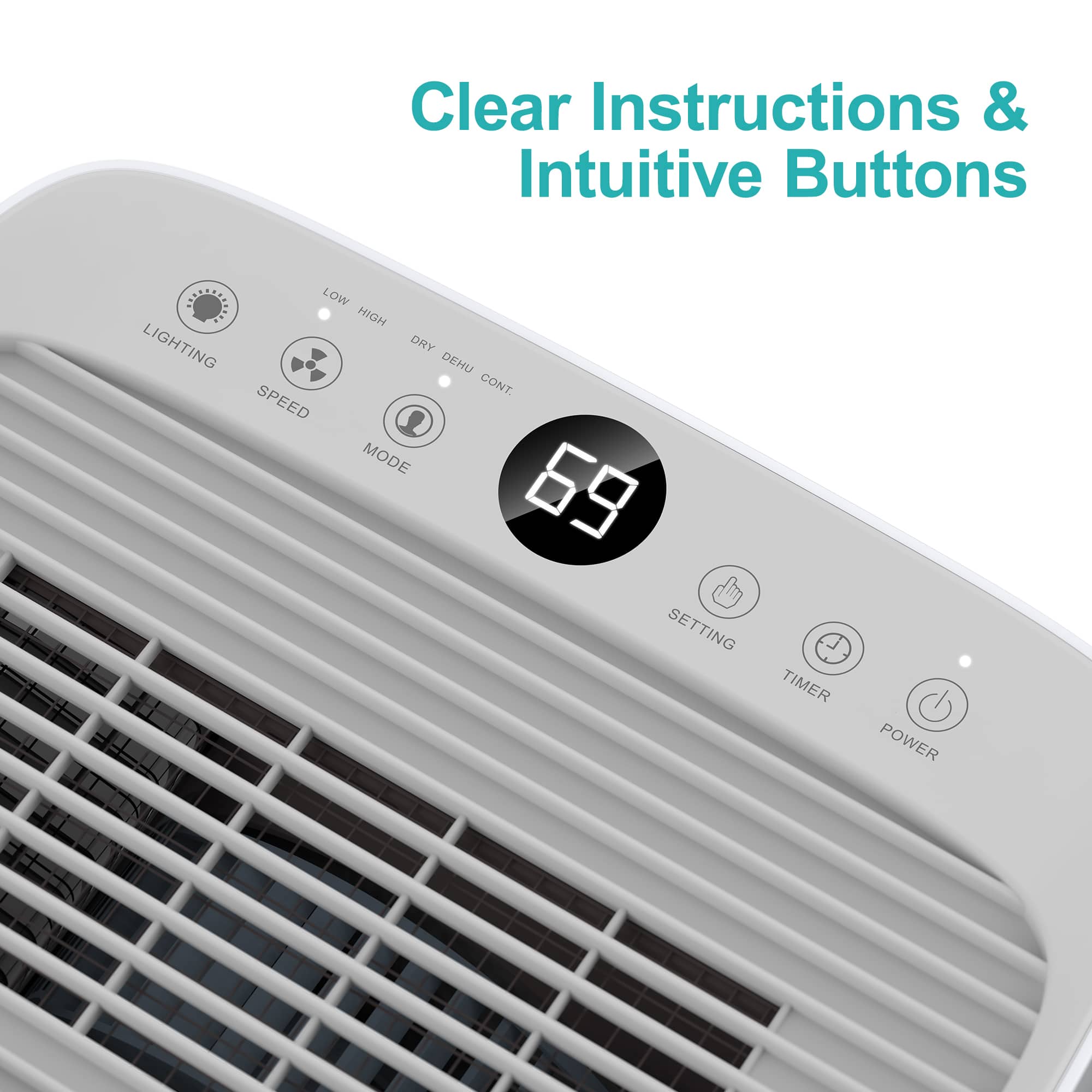 Clear Instructions & Intuitive Buttons: LOW HIGH LIGHTING DRY DEHU CONT. SPEED MODE SETTING TIMER POWER