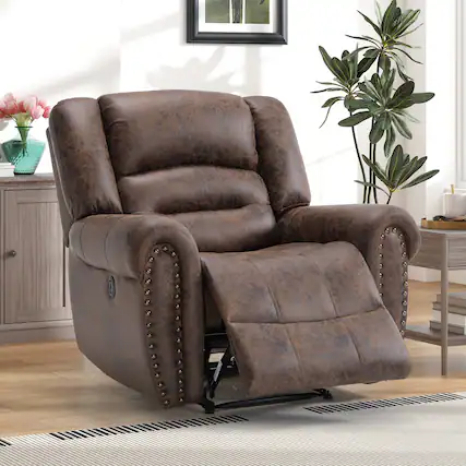 Front. Bestier - Brown Vegan Leather Manual Power Recliner with Nailhead Trim and USB Port - Brown.
