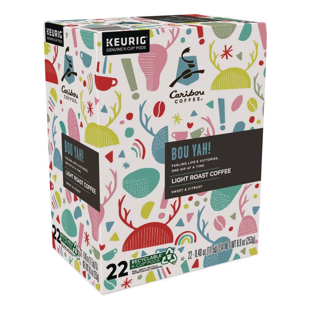 KEURIG GENUINE K-CUP PODS  
Caribou COFFEE  
BOU YAH!  
FUELING LIFE'S VICTORIES, ONE SIP AT A TIME.  
LIGHT ROAST COFFEE  
SWEET & CITRUSY  
22 RECYCLABLE K-CUP PODS  
NET WT 8.9 OZ (253g)  
22 - 0.40 OZ (11.5g)/EA  
RECYCLABLE