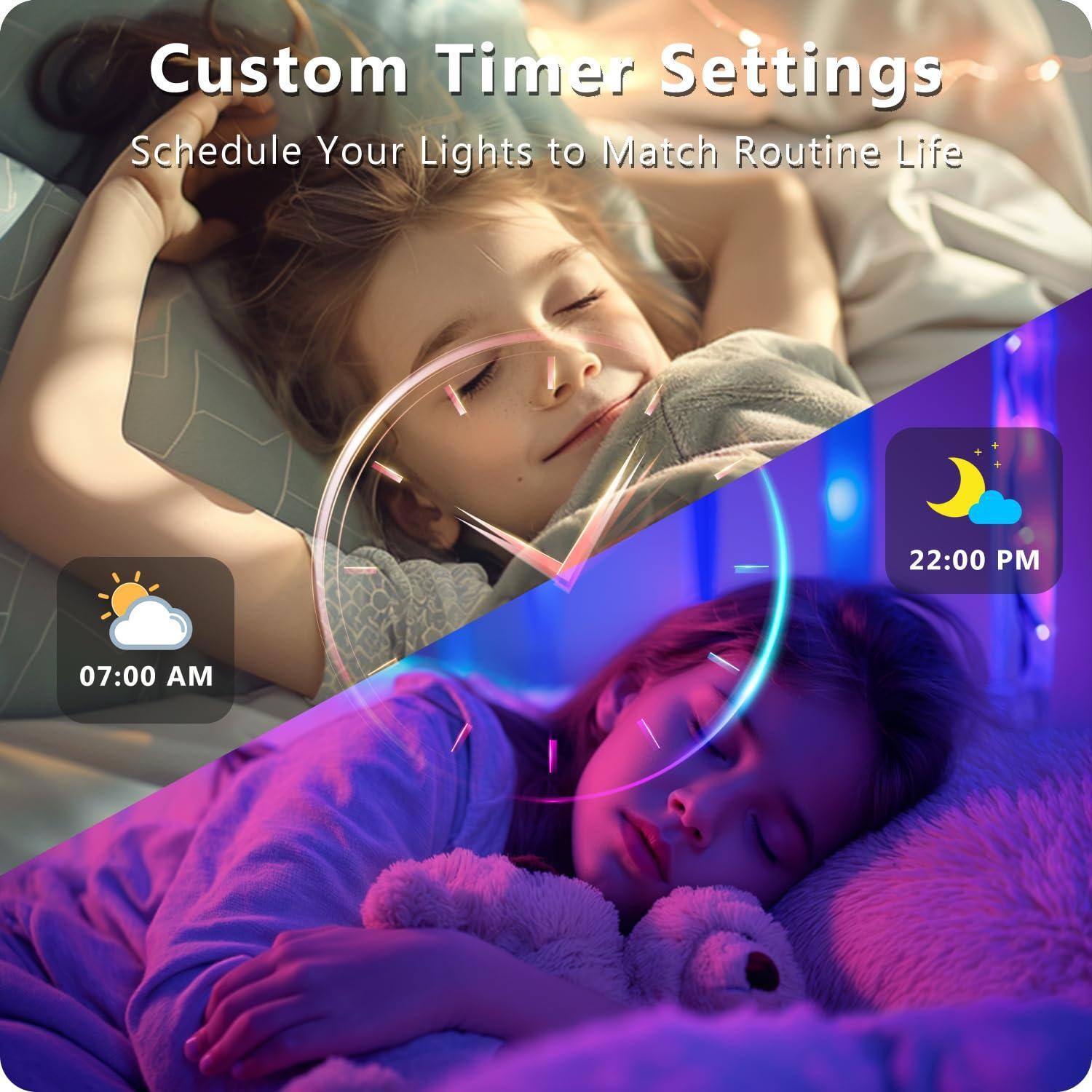 Custom Timer Settings  
Schedule Your Lights to Match Routine Life  

07:00 AM  
22:00 PM