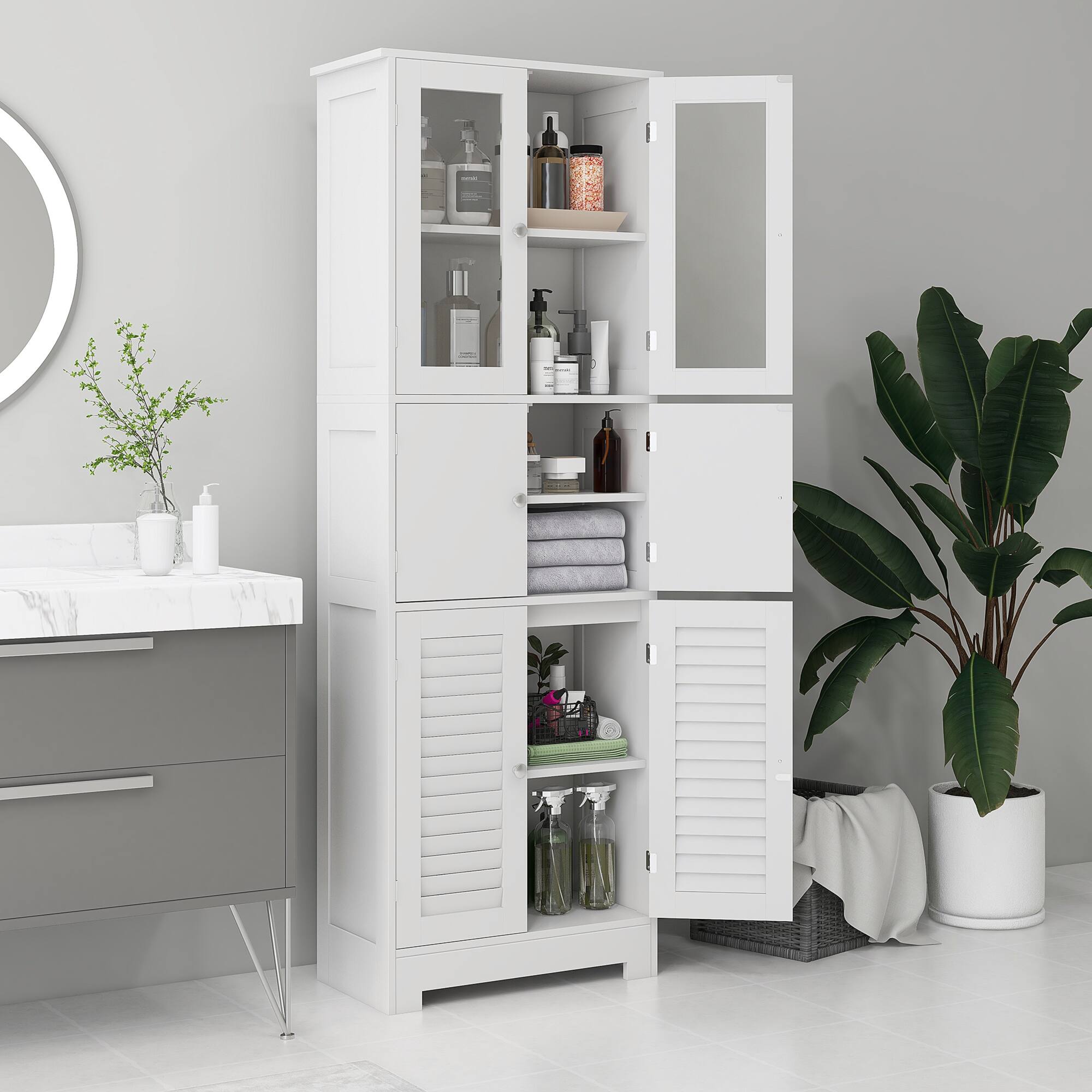 Alt View 1. Homcom - 67" Tall Bathroom Cabinet, Bathroom Storage Cabinet with Glass/Louvred Doors, Freestanding Linen Cabinet - White.
