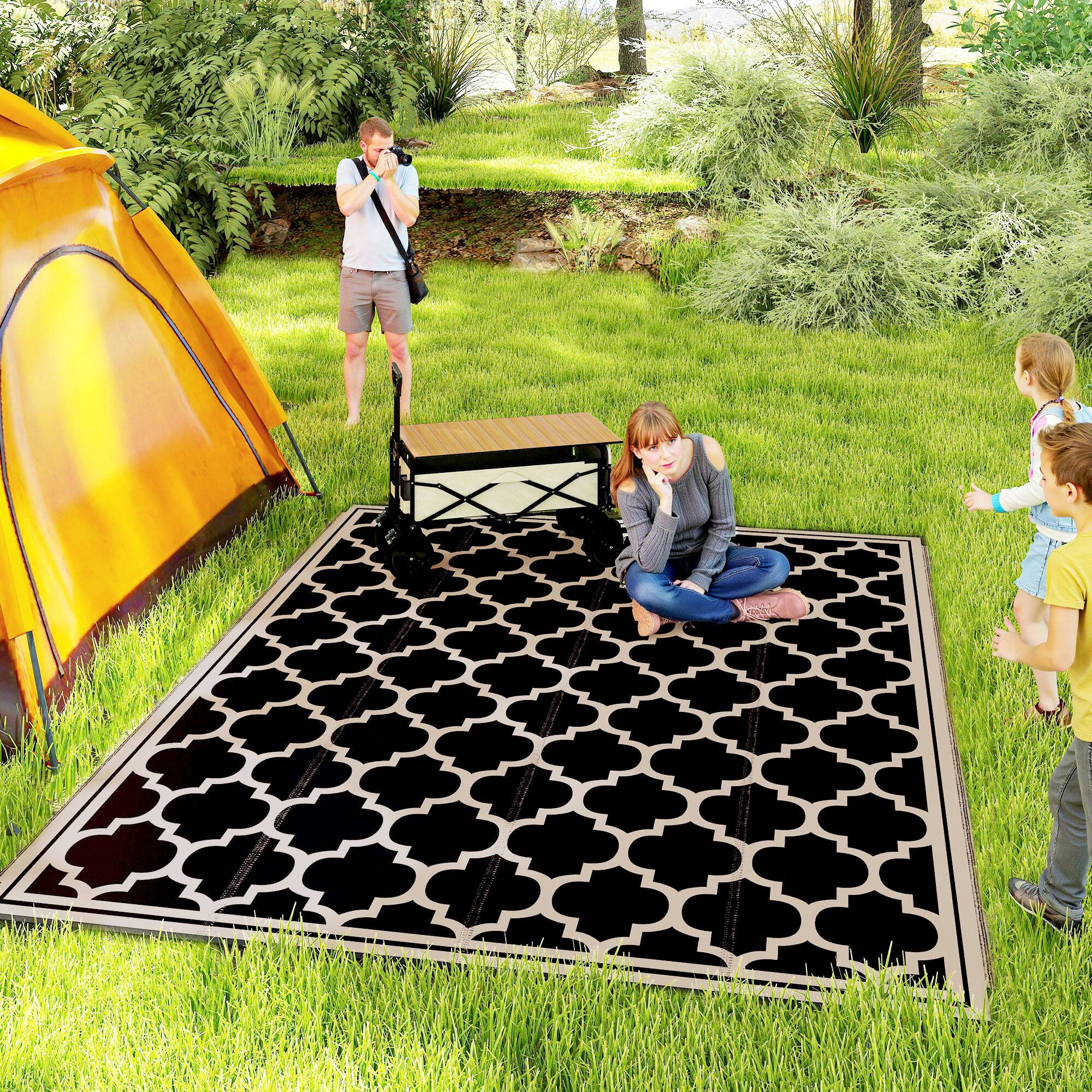 Alt View 1. Outsunny - Reversible Outdoor Rug, 9' x 12' Waterproof Plastic Straw Floor Mat, Portable RV Camping Carpet - Black, Beige.