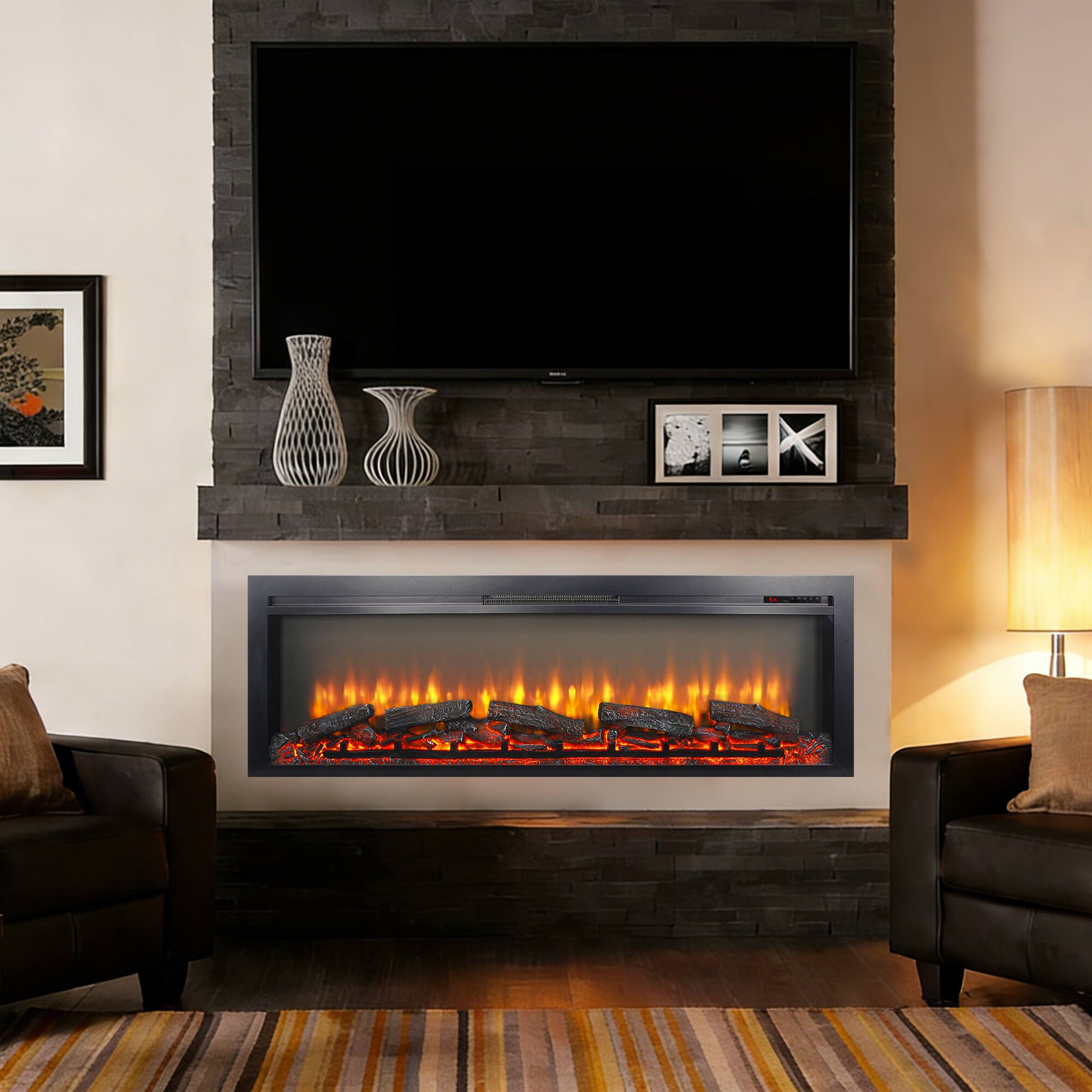 Angle. Mondawe - 54" In-Wall Recessed Electric Fireplace w/ Remote, Multi-Color Flame, CSA/UL Certified, 5000 BTU - Black.