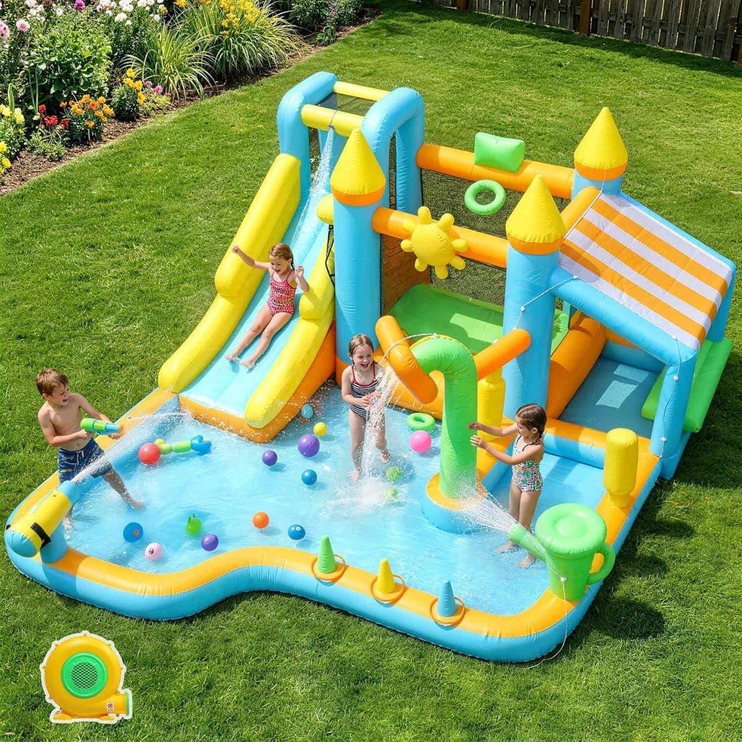 Winado - 10 in 1 Inflatable Water Slide with Flower Sprinkler, Big Outdoor Bounce House w/ 450W Blower, Long Slide & Splash Pool