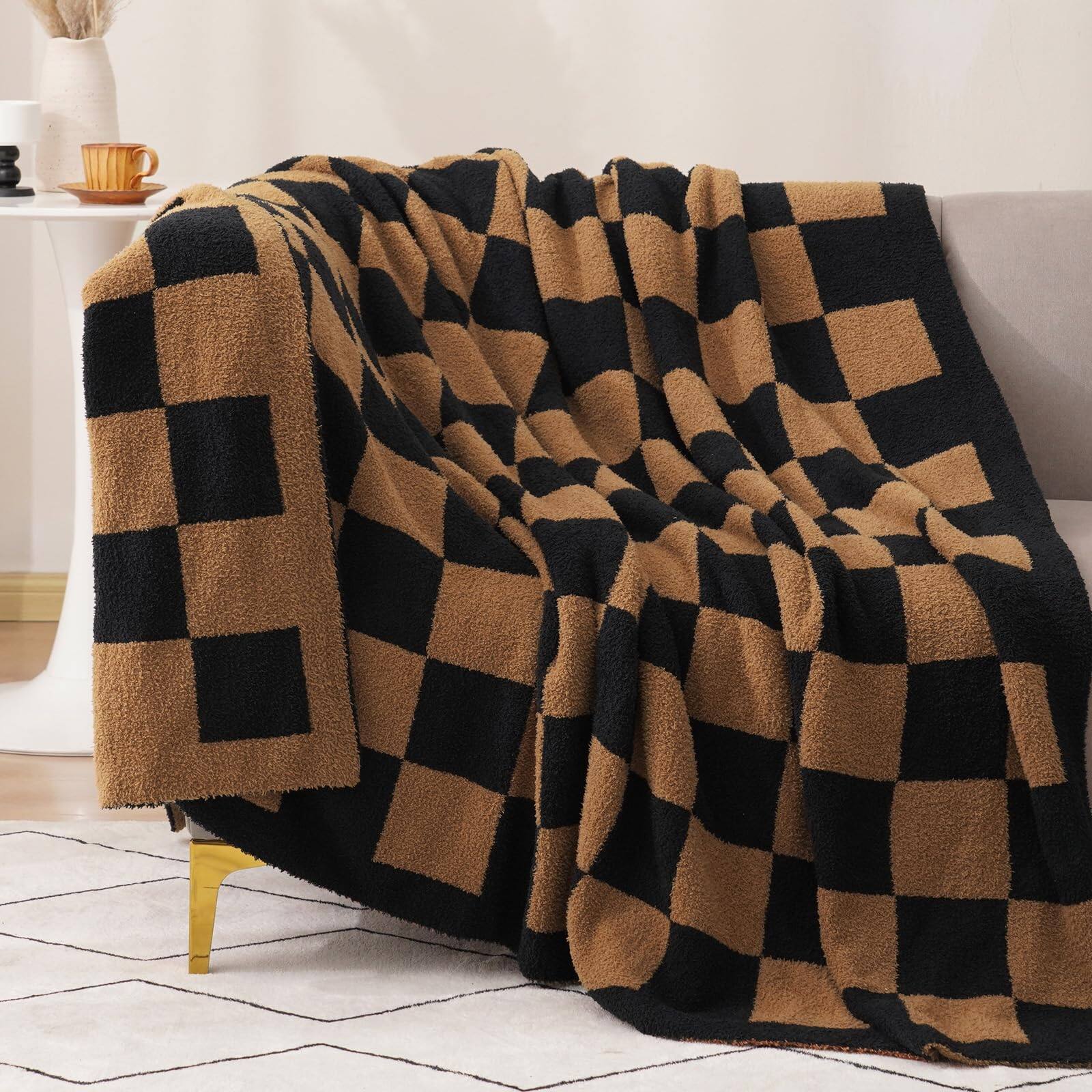 Alt View 6. Paradigms Interiors - Checkered Throw Blanket For Couch Soft Knit Fluffy Checkerboard Fleece Cozy Lightweight Bed Sofa 50 X 60 - Black Brown-Twin(60x80).