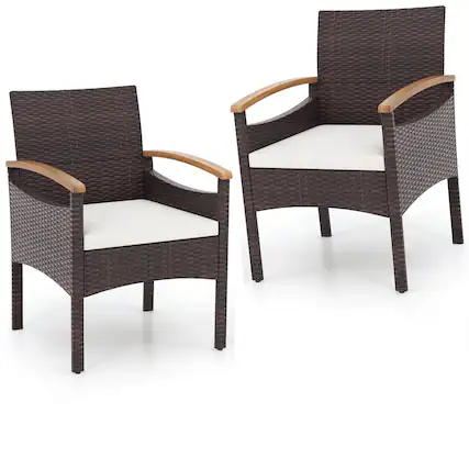 Front. Gymax - Gymax 2 PCS Dining Chairs w/ Acacia Wood Armrest Heavy Duty Metal Frame Patio Mix Brown - Mix Brown, Off White.