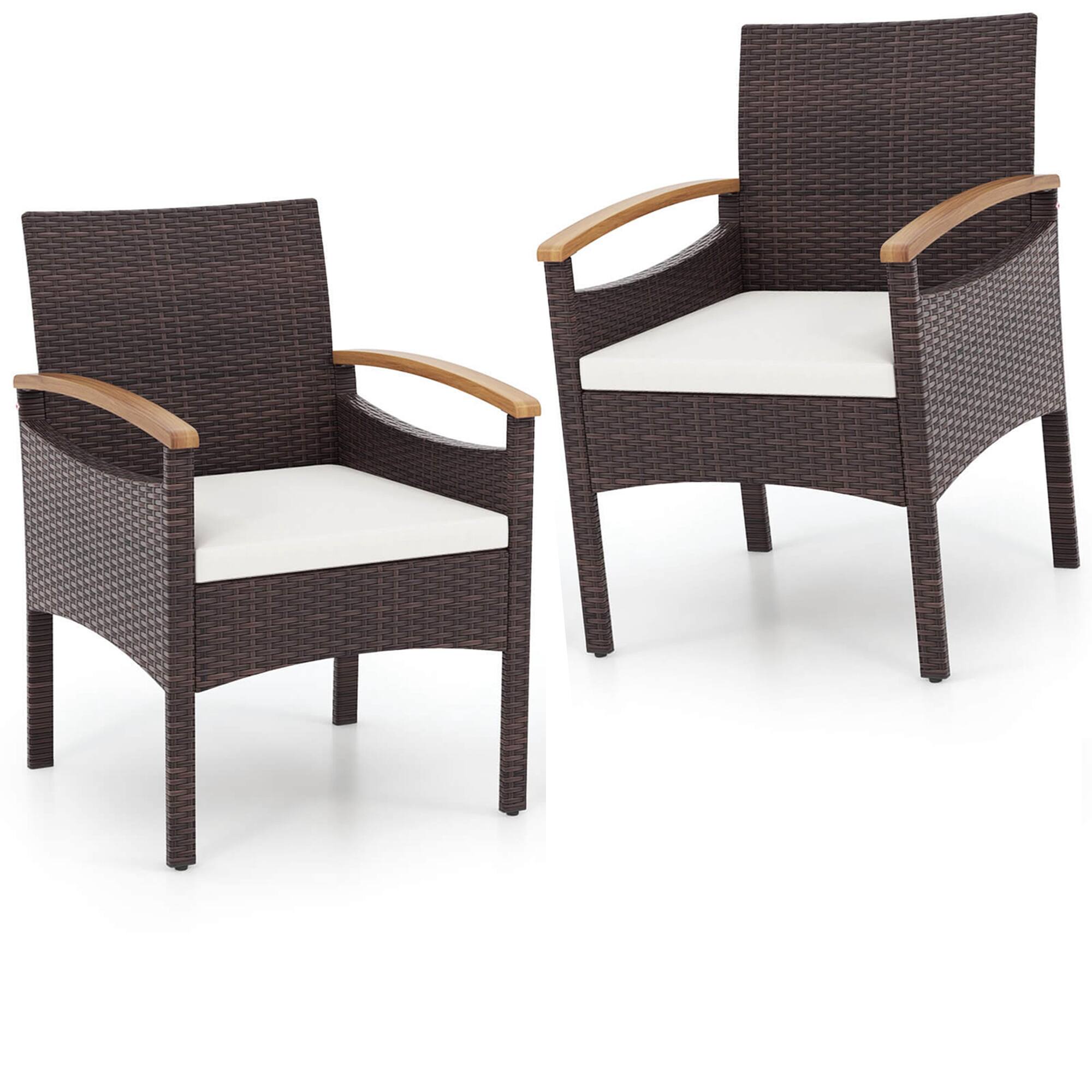 Front. Gymax - Gymax 2 PCS Dining Chairs w/ Acacia Wood Armrest Heavy Duty Metal Frame Patio Mix Brown - Mix Brown, Off White.