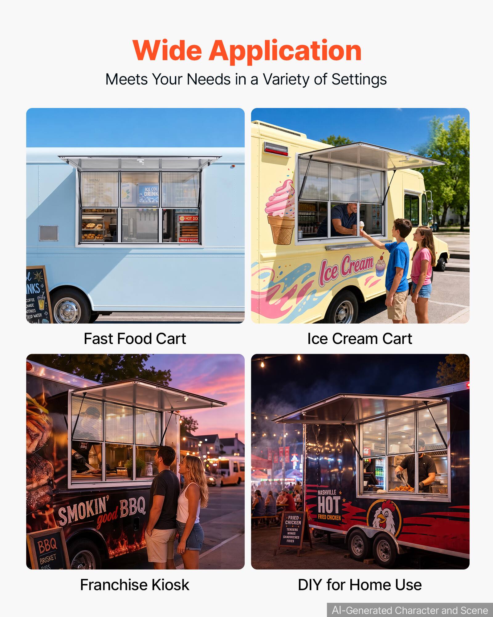 Wide Application Meets Your Needs in a Variety of Settings

- Fast Food Cart
- Ice Cream Cart
- Franchise Kiosk
- DIY for Home Use

AI-Generated Character and Scene