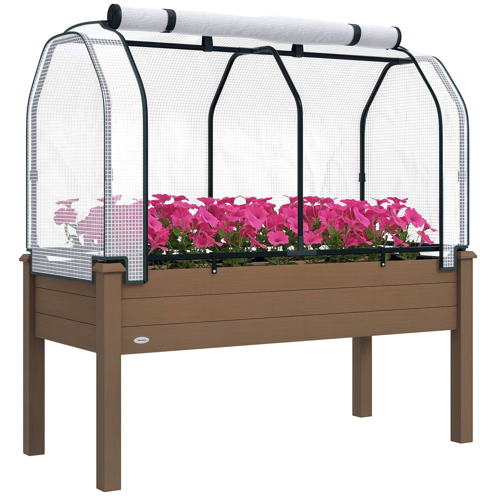 Front. Outsunny - Raised Garden Bed with PE Greenhouse Cover Outdoor Elevated Wood Planter Box for Herbs and Vegetables - Brown.
