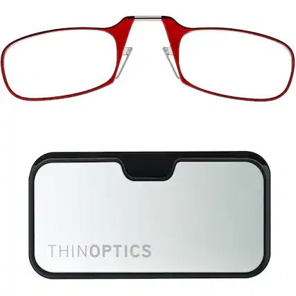 Front. ThinOptics - ThinOptics Glasses with Metal Finish Pod - +2.50 - Red Frame, Silver Black Pod - Red Frame, Silver Black Pod.