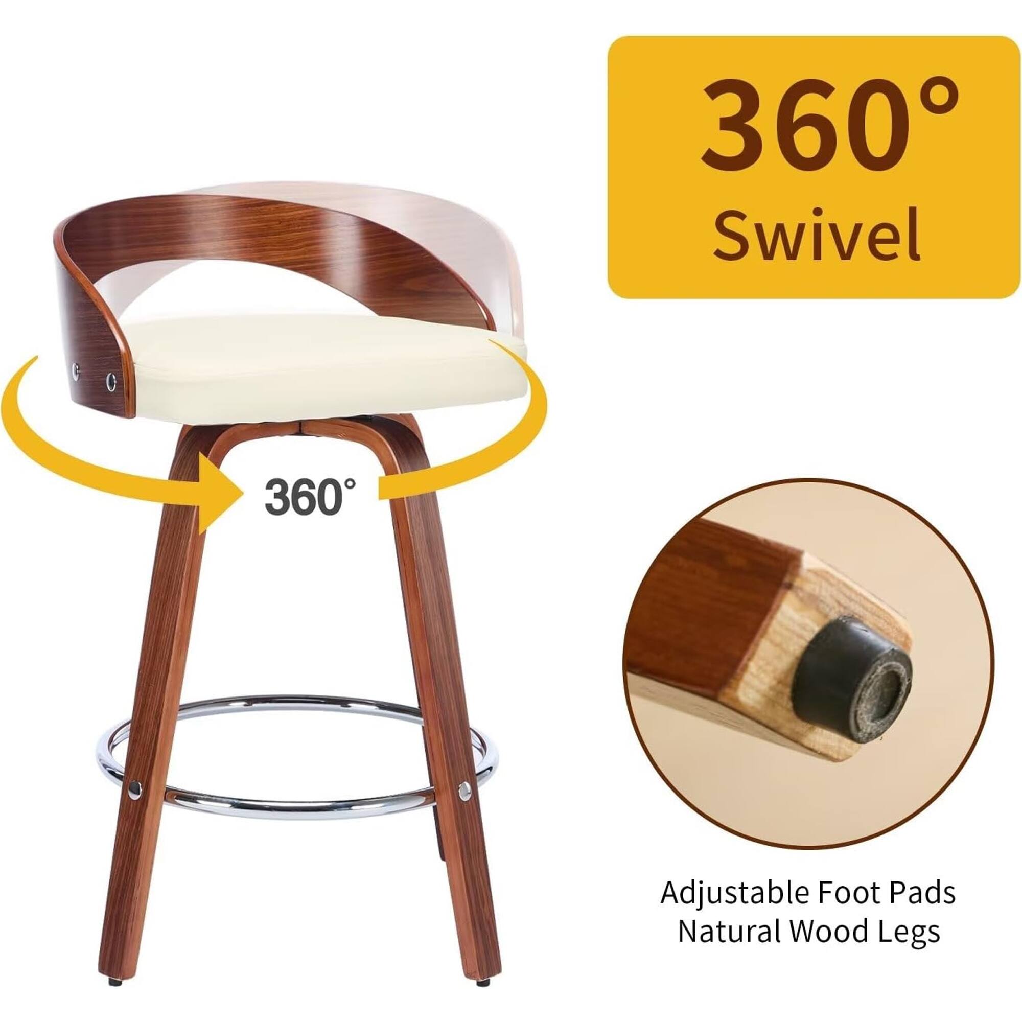 360° Swivel  
Adjustable Foot Pads  
Natural Wood Legs