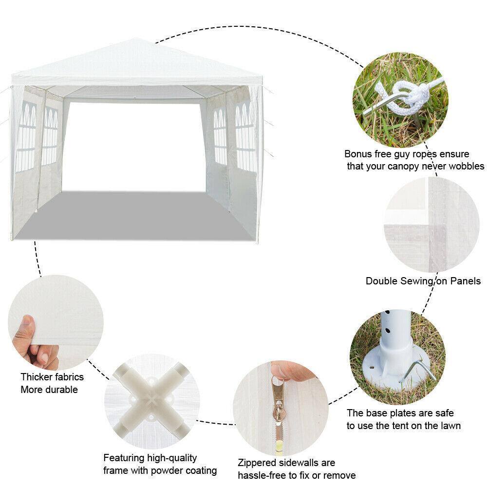 1. Bonus free guy ropes ensure that your canopy never wobbles
2. Double Sewing on Panels
3. Thicker fabrics, More durable
4. The base plates are safe to use the tent on the lawn
5. Featuring high-quality sidewalls are Zippered frame with powder coating
6. Hassle-free to fix or remove