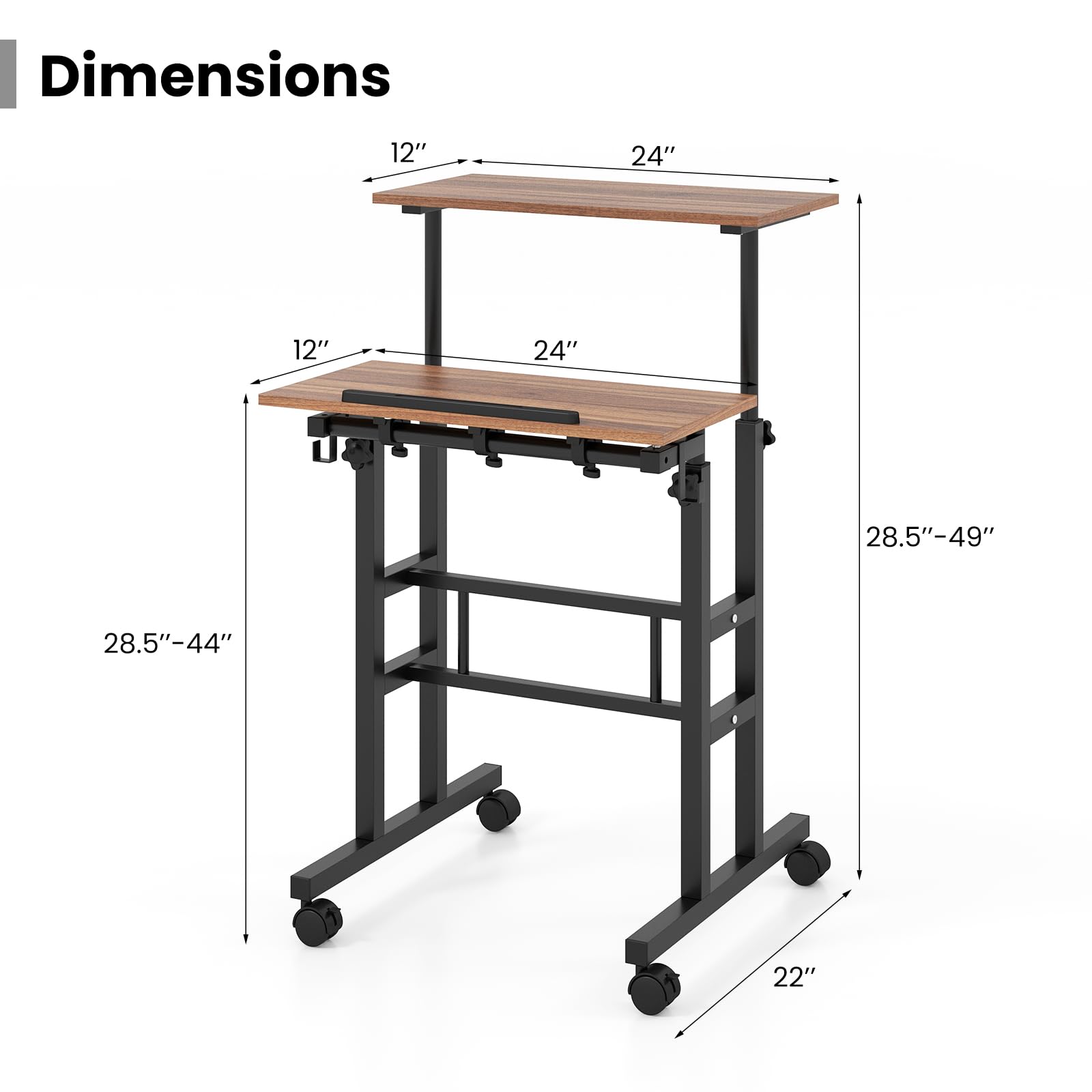 Dimensions: 12" x 24", 12" x 24", 28.5"-49", 28.5"-44", 22"