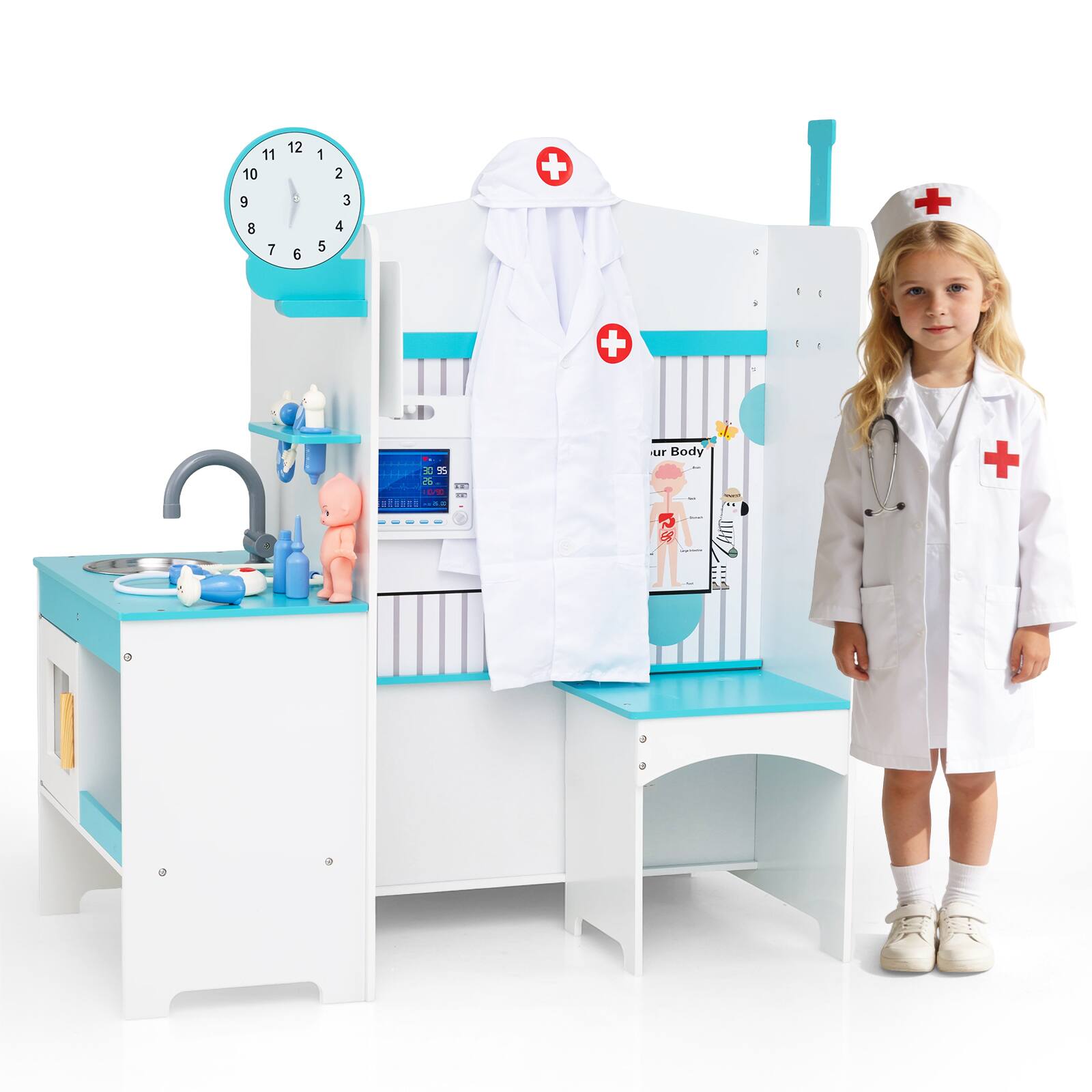 Gymax - Kids Doctor Play Set w/Faucet Sink ECG Monitor Body Parts Diagram Clock White - Blue price history on PriceWatchPro