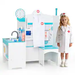 Gymax - Kids Doctor Play Set w/Faucet Sink ECG Monitor Body Parts Diagram Clock White - Blue