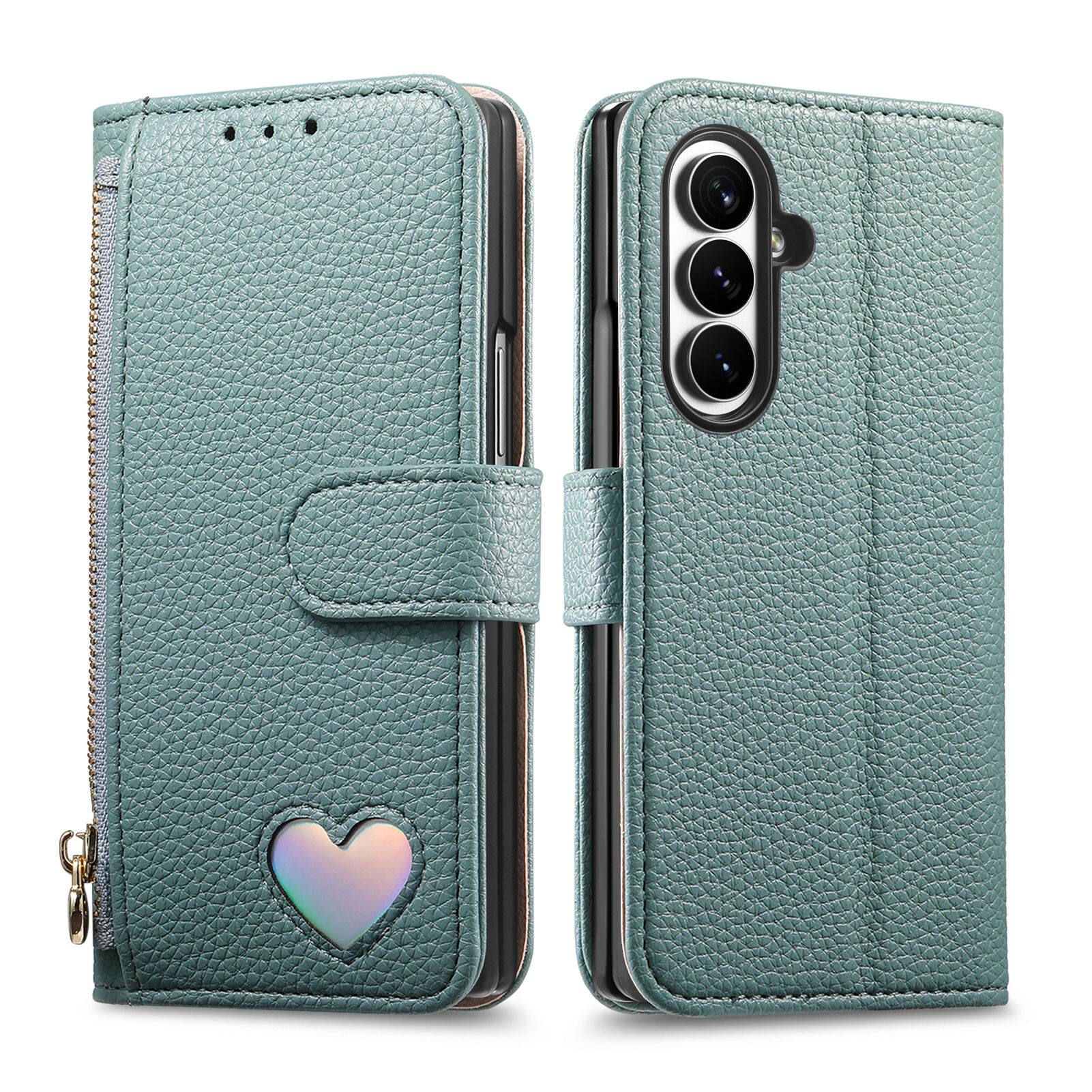 Angle. Dteck - PU Leather Wallet Case for Samsung Galaxy Z Fold8 Ultra with Wrist Strap Zipper Pocket, Protective Folio Kickstand Cover - Blue.
