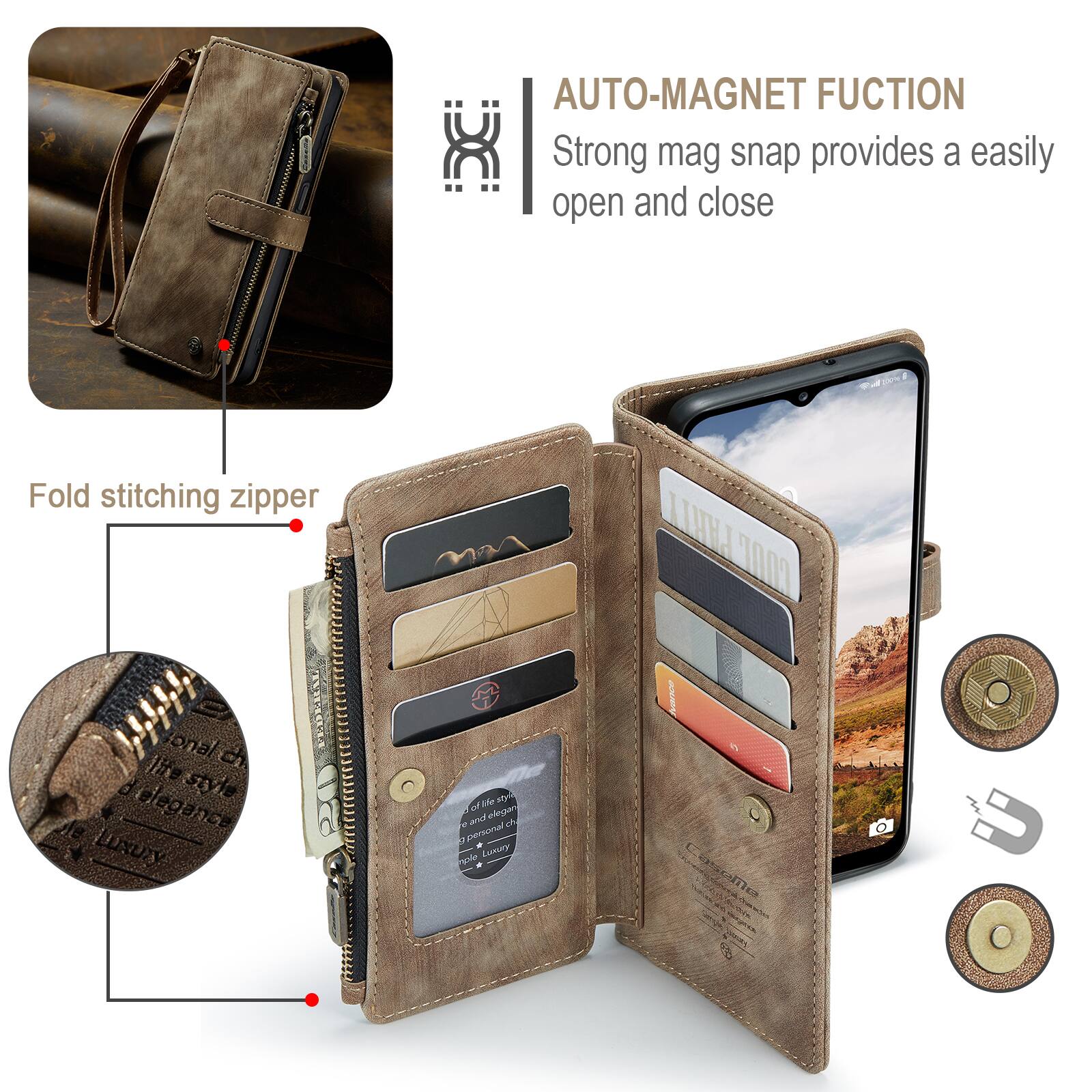 AUTO-MAGNET FUNCTION  
Strong mag snap provides a easily open and close  

Fold stitching zipper  

on al ch life style d de elegance LuxUTy the ary nf edlegar e ad oh  personal * Lascary hoe AY bsomle D
