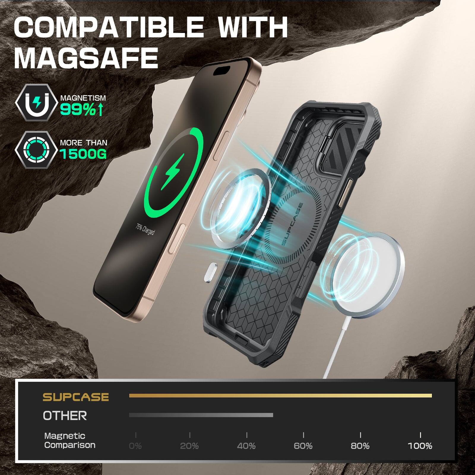 COMPATIBLE WITH MAGSAFE MAGNETISM 99% MORE THAN 1500G CHARGED SUPCASE OTHER Magnetic Comparison 0% 20% 40% 60% 80% 100%