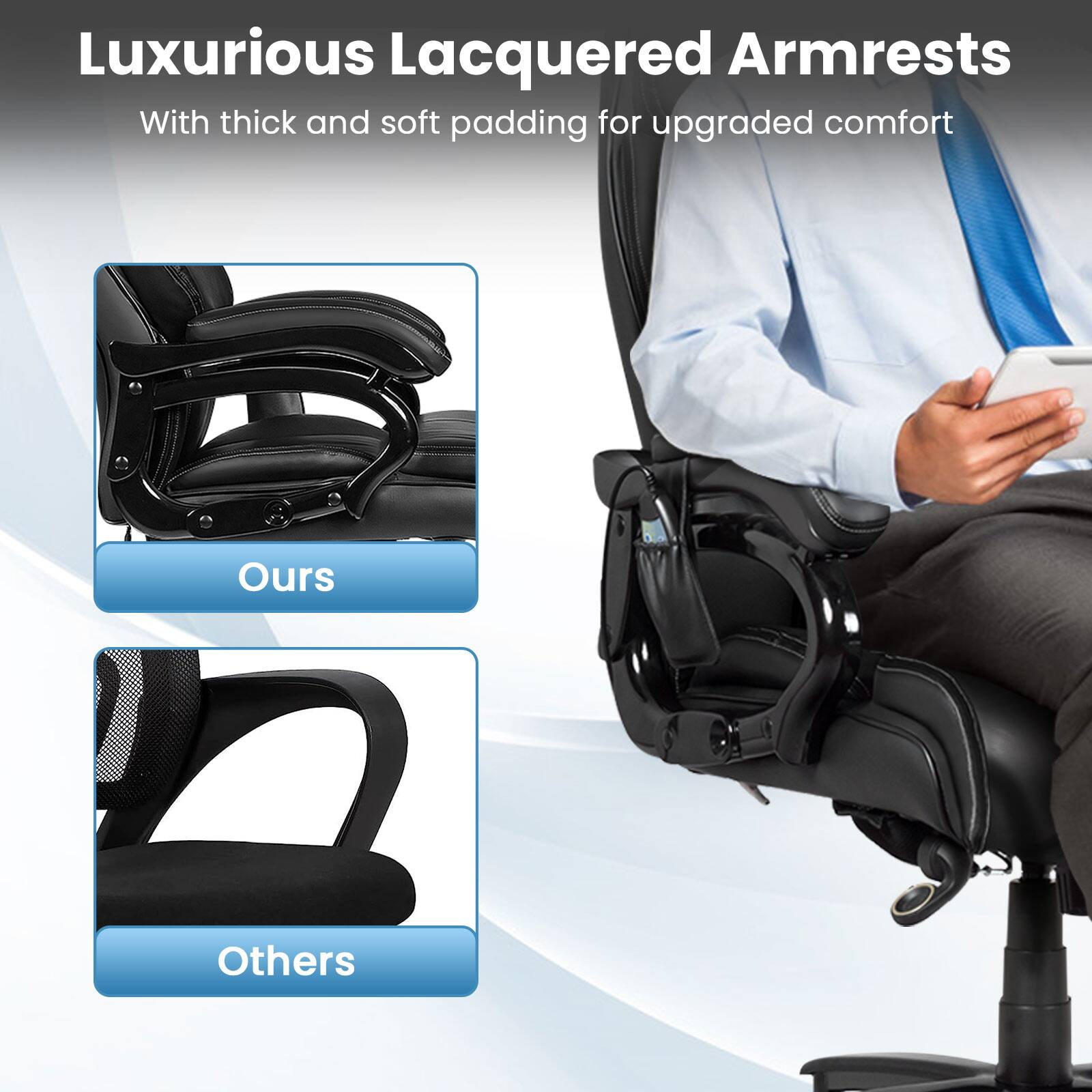 Luxurious Lacquered Armrests With thick and soft padding for upgraded comfort.