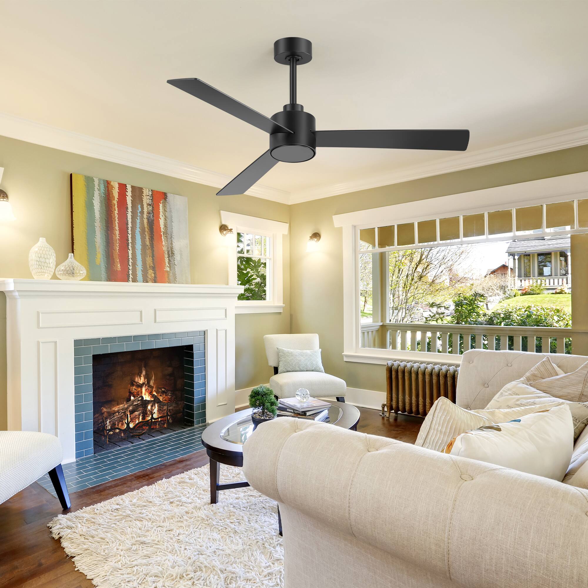 Alt View 7. Breezary - 52" Indoor Ceiling Fan, 3 Plywood Blades, 6-Speed DC Motor, Remote & Timer, 5" & 10" Downrods, LED Light/No Light Option - Matte Black (Without Light).
