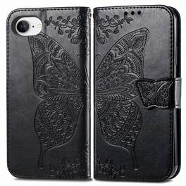 Dteck - Wallet Case for Apple iPhone 17e/iPhone 16e, Embossed Butterfly Pattern Leather Card Slots Flip Stand Cover+Strap - Black