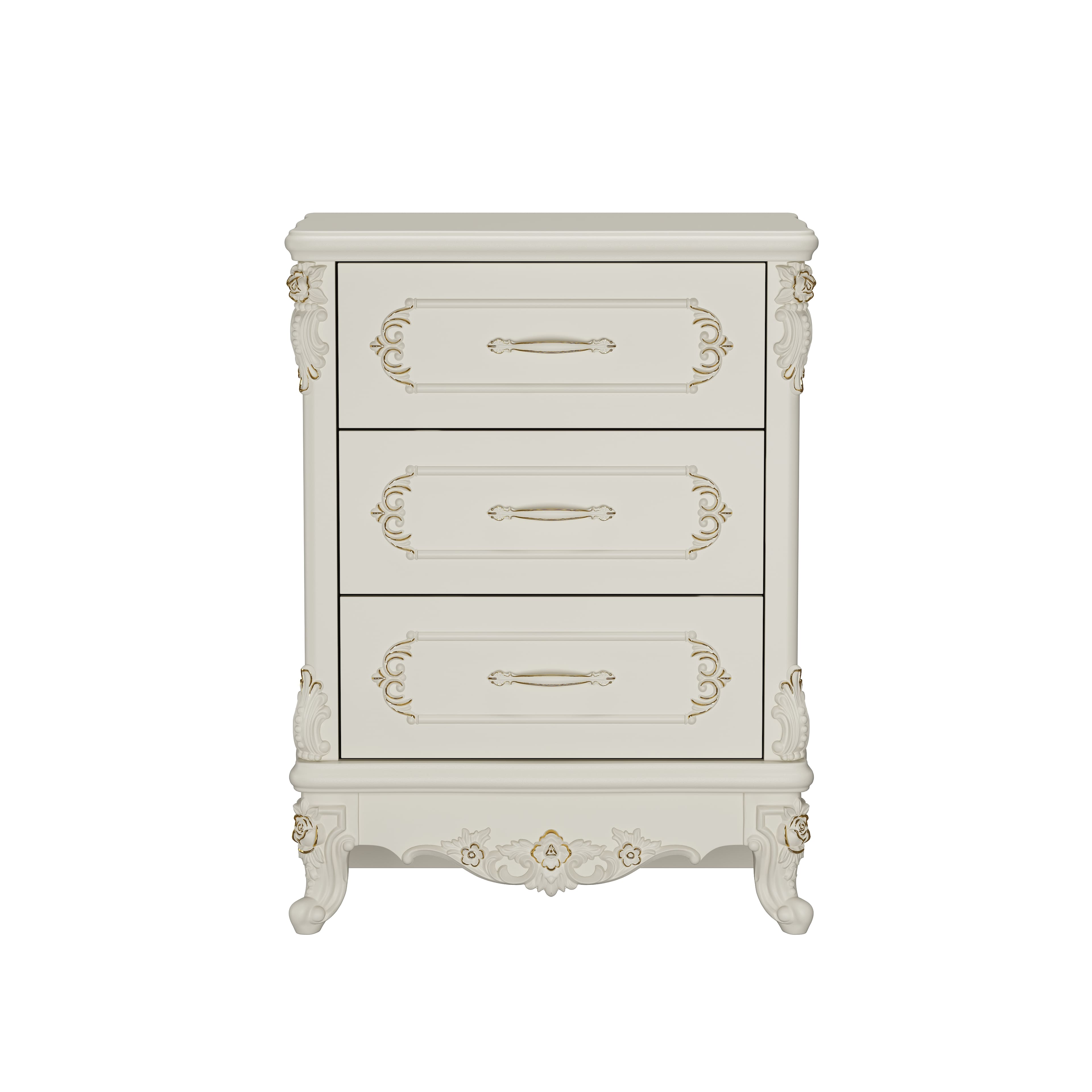 Famapy - European Style 3-Drawer Dresser with Gold-Accent Carved Details, Ivory Finish - White