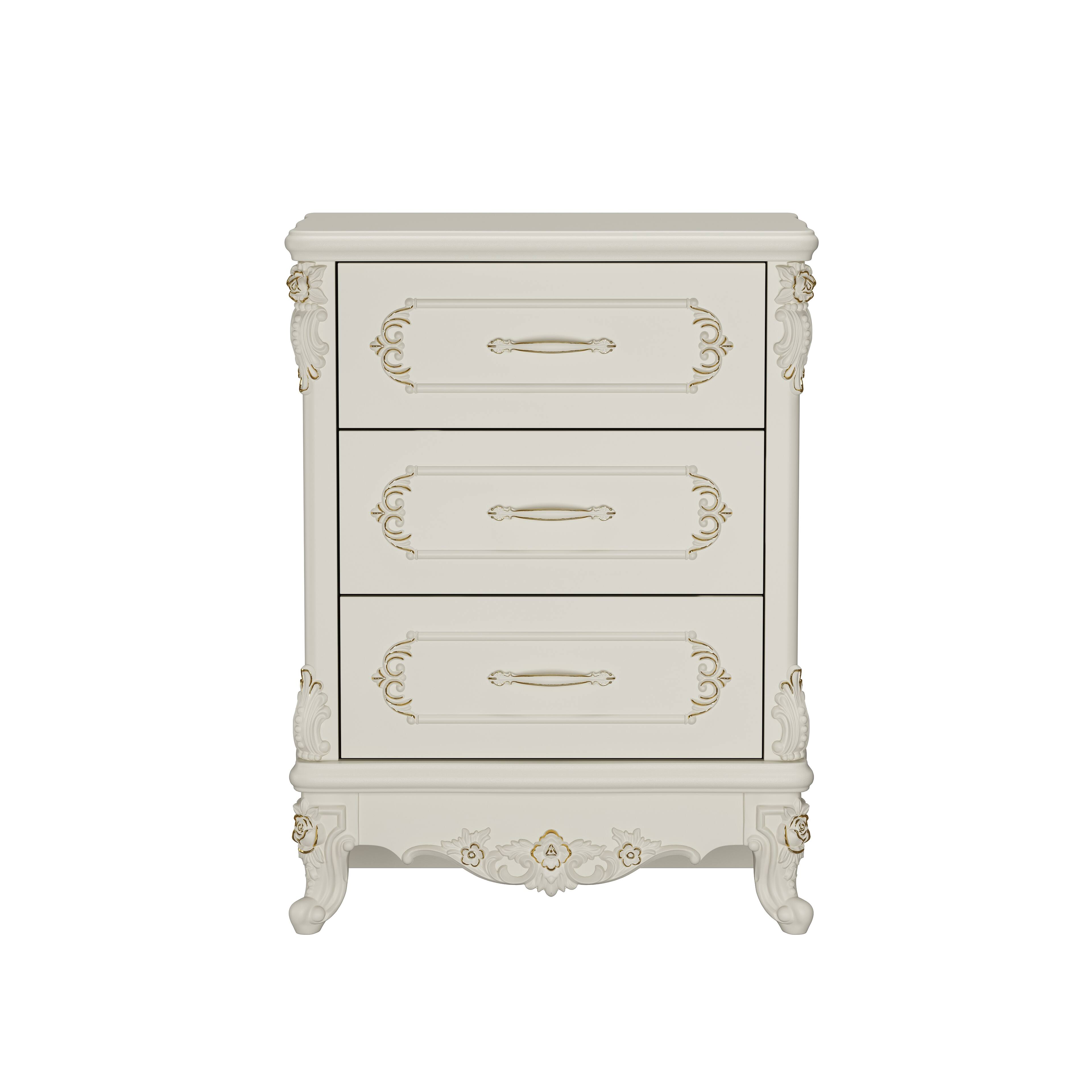 Front. Famapy - European Style 3-Drawer Dresser with Gold-Accent Carved Details, Ivory White Finish - White.