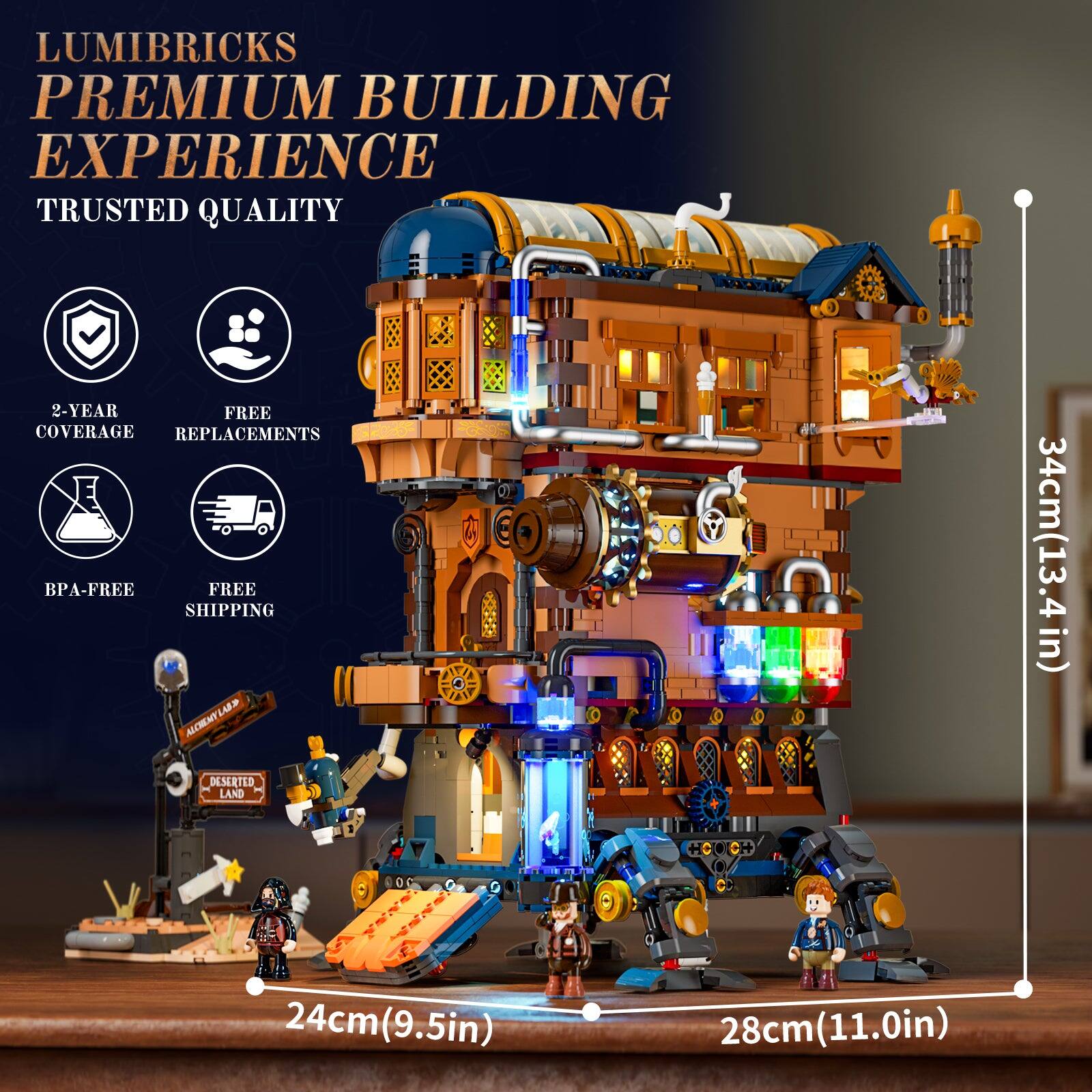 LUMIBRICKS PREMIUM BUILDING EXPERIENCE  
TRUSTED QUALITY  
2-YEAR FREE COVERAGE  
FREE REPLACEMENTS  
BPA-FREE  
FREE SHIPPING  

ALCHEMYLAB  
DESERTED LAND  

34cm (13.4 in)  
24cm (9.5 in)  
28cm (11.0 in)
