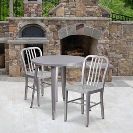 Emma + Oliver - Commercial Grade 30" Round Metal Indoor-Outdoor Table Set & 2 Slat Back Chairs - Silver
