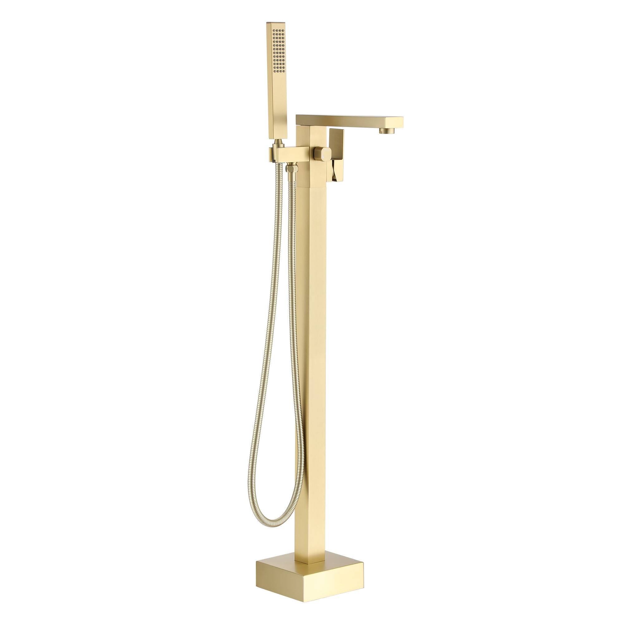 Boyel Living - Freestanding Floor Mount Single Handle Bath Tub Filler Faucet with Handheld Shower - Brushed Gold