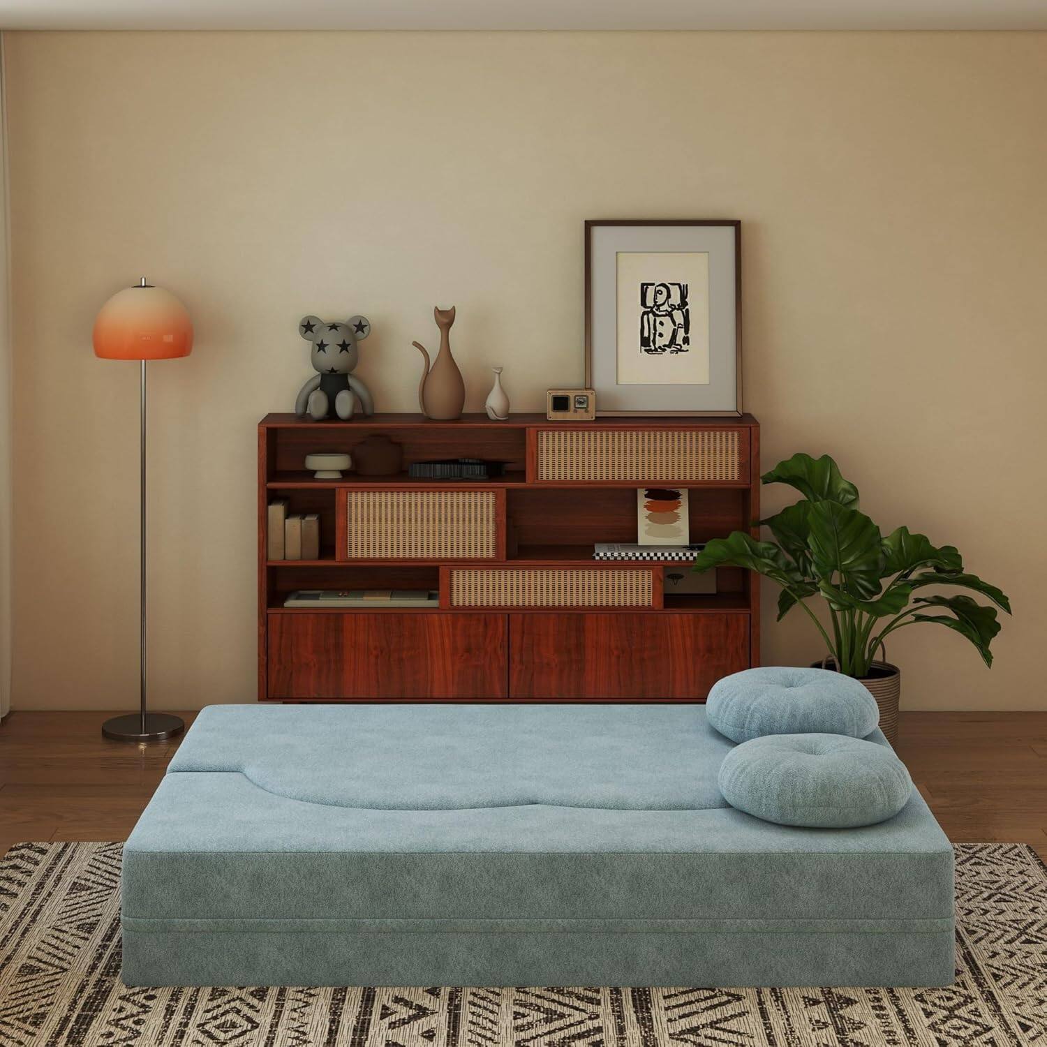 Alt View 3. Trinkets Crazed - 2-in-1 Folding Sofa Bed, Convertible Floor Couch with Full Size Folding Mattres - light blue.