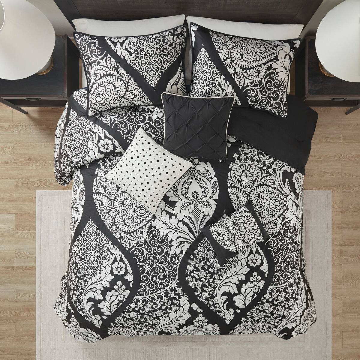 Left. TinyHomie - 7 Piece Cotton Printed Comforter Set Black King - Black.