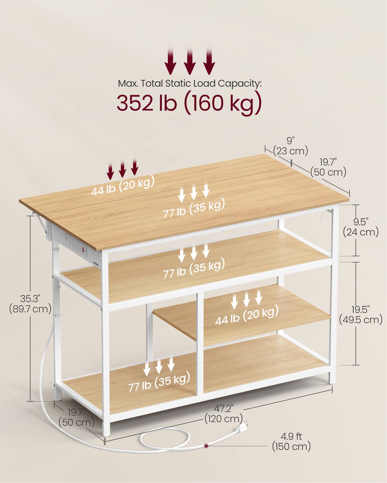 Max. Total Static Load Capacity: 352 lb (160 kg)

- 44 lb (20 kg)
- 77 lb (35 kg)
- 77 lb (35 kg)

Dimensions:
- 9" (23 cm)
- 19.7" (50 cm)
- 9.5" (24 cm)
- 35.3" (89.7 cm)
- 19.5" (49.5 cm)
- 47.2" (120 cm)
- 4.9 ft (150 cm)