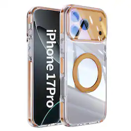 Dteck - Magnetic Clear Phone Case for Apple iPhone 17 Pro with Metal Rotating Kickstand,Shockproof PC+TPU Slim Transparent Cover - Orange