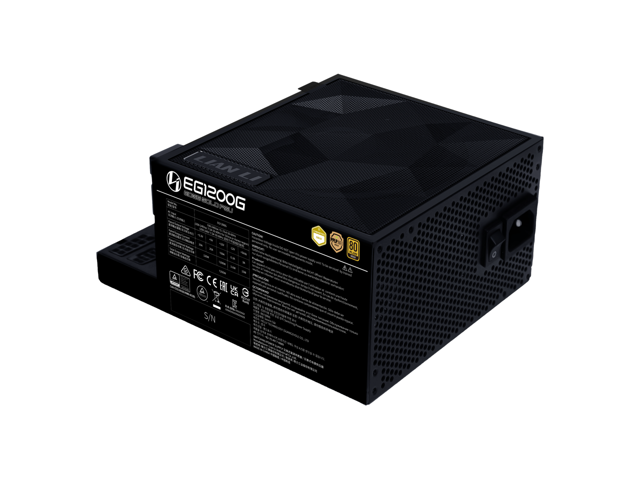 Sure, here is the corrected and grouped text from the image:

**Top Left:**
- EG1200G
- 80 PLUS

**Top Center:**
- 200G

**Top Right:**
- 80 PLUS

**Left Side:**
- FC
- CE

**Bottom Left:**
- S/N

**Bottom Center:**
- Various certification logos and symbols (e.g., CE, FCC, etc.)

**Bottom Right:**
- Detailed specifications and warnings (not fully legible in the image)

**Additional Text:**
- ROY 4 LIANLI LI N aoosra - oLa P Sm - NN W - SAUTEN ces -- - - wO - : 80 - - - - - - - - - c i La MAA - - a - - LA8  ! - STATES - 4 FC PUTAN - - - CE - - - I maena -  CE ERT  - - - - - A eoows - - sot n de mythar - Rr MIA an not SAAM SES - -e VAANNO -  - Ma - S/N - a.  - - - - Ie A TL .. So
