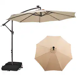 Costway - Patio 10FT Hanging Offset Umbrella 32 LED Lights Sand Bag Outdoor Cross Base - Beige