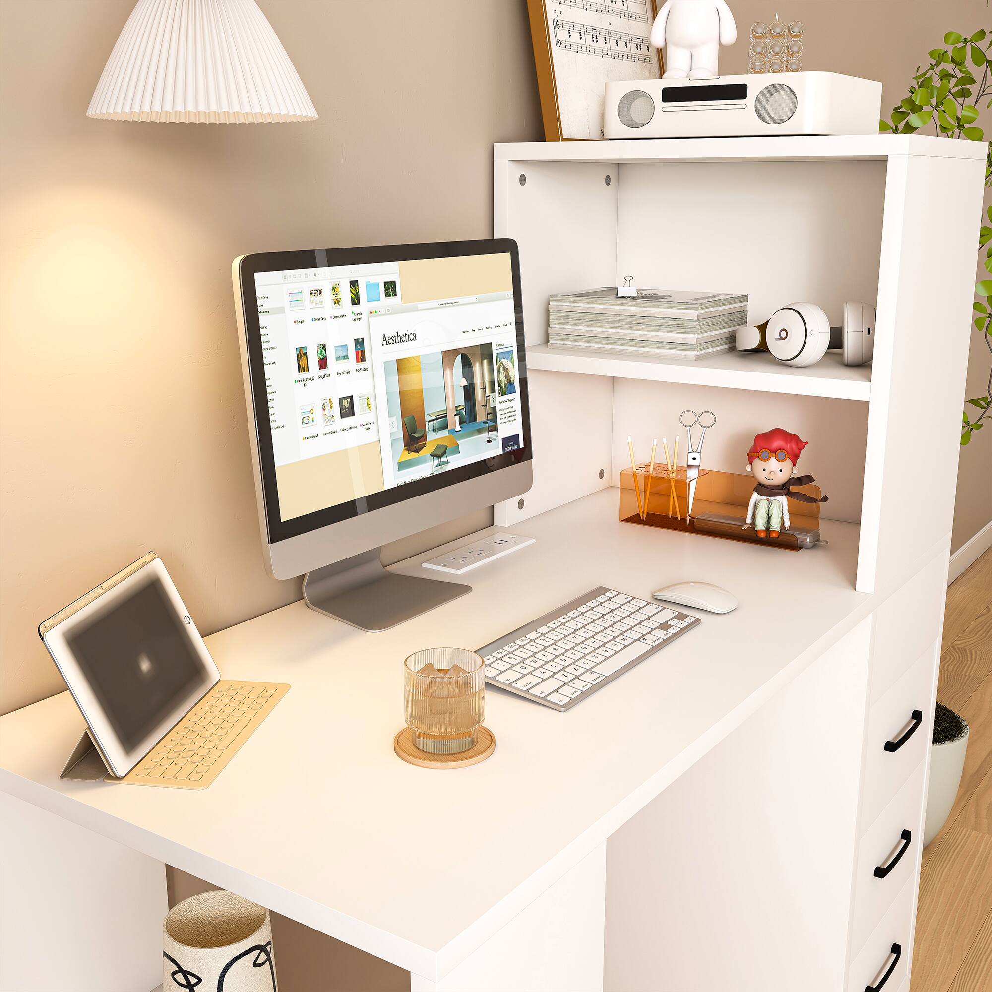 Alt View 4. Tiramisubest - Modern White Computer Desk with 4-in-1 Socket, 3 Slide Drawers and 4 Storage Levels, Suitable for a Variety of Places - White.