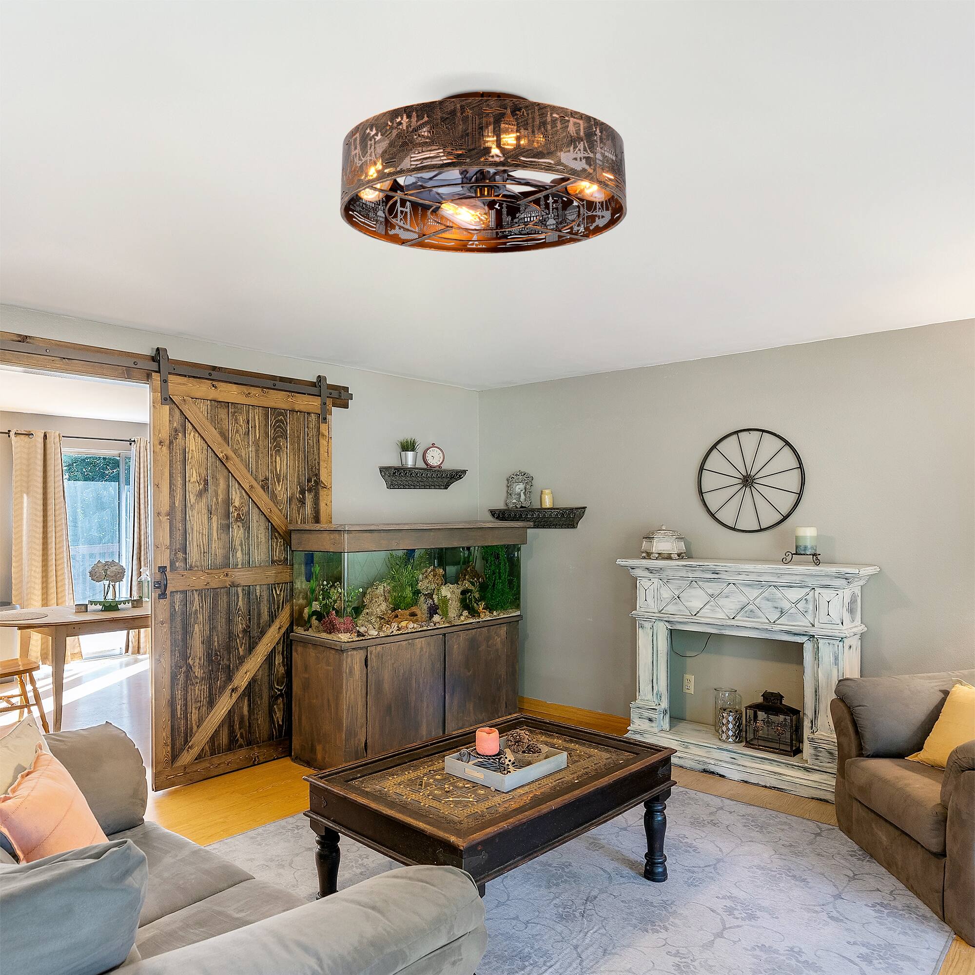 Left. GOODSILO - 20" Iron Art Farmhouse Ceiling Fan with Remote, Flush Mount, 6-Speed (Bulbs Not Included) - Blush+Gold,Bronze.