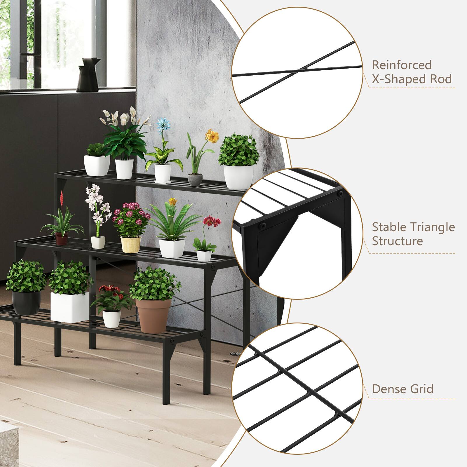 The image features a black shelf with a dense grid structure, reinforced with an X-shaped rod. The shelf is filled with various potted plants, including a few vases. The plants are arranged in a stable triangle structure, which adds to the overall aesthetic of the shelf.