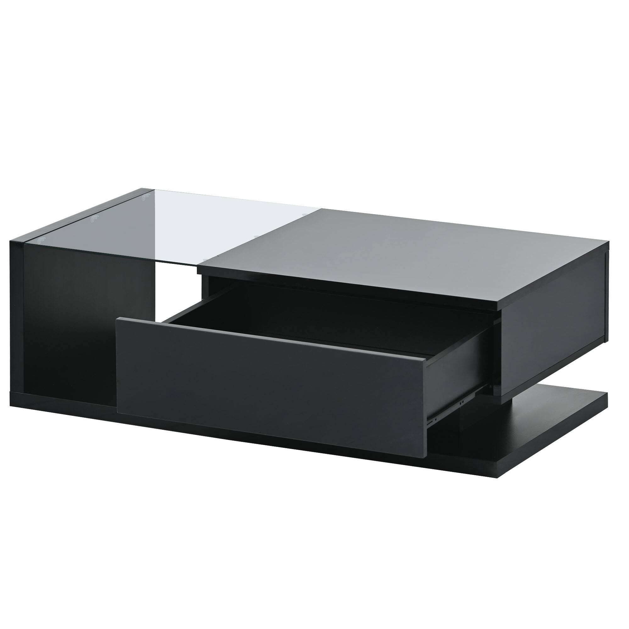 Alt View 7. Tiramisubest - Modern Coffee Table with Tempered Glass,Wooden Modernist 2-Tier Rectangle Center Table with High-gloss UV Surface,Black - Black.