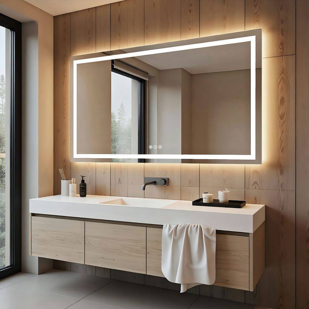 Alt View 8. Kadyn - 72x36 Inch Wall-to-Wall Frameless Rectangle LED Bathroom Mirror for Large Spaces.