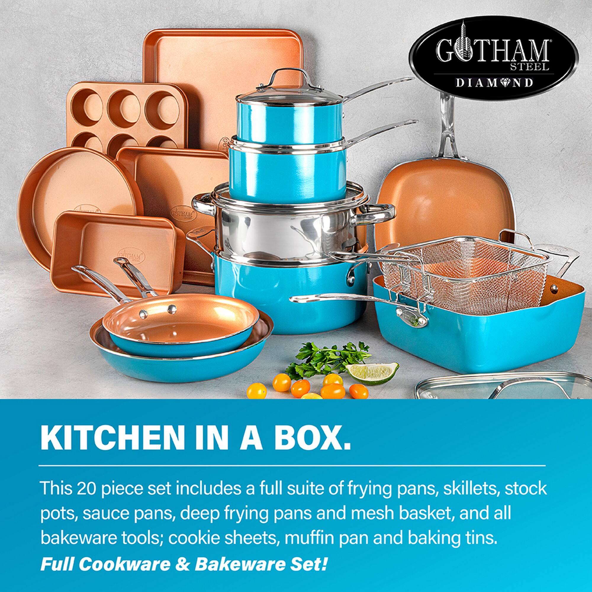 GOTHAM STEEL DIAMOND KITCHEN IN A BOX. This 20 piece set includes a full suite of frying pans, skillets, stock pots, sauce pans, deep frying pans and mesh basket, and all bakeware tools; cookie sheets, muffin pan and baking tins. Full Cookware & Bakeware Set!