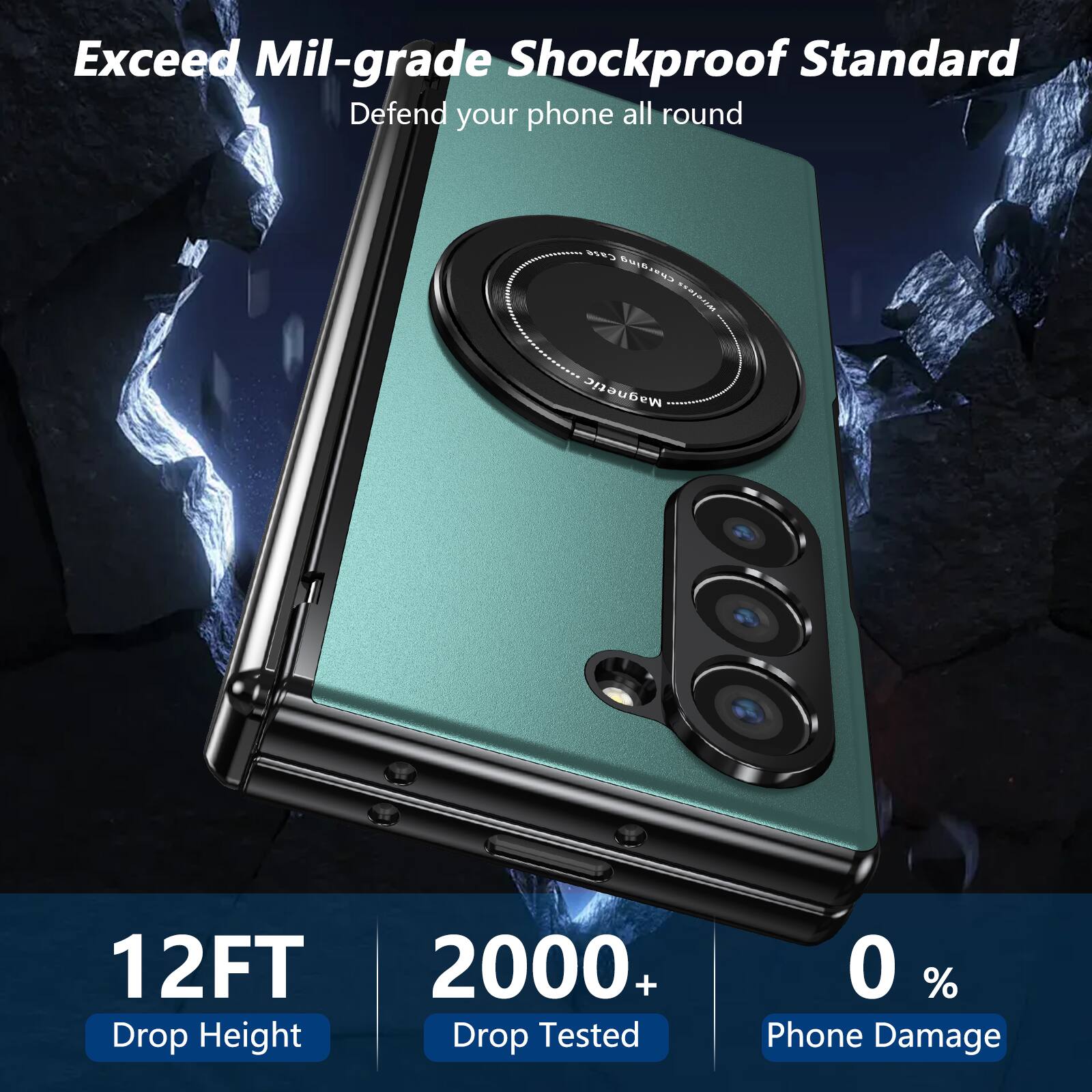 Exceed Mil-grade Shockproof Standard  
Defend your phone all round  

12FT Drop Height  
2000+ Drop Tested  
0% Phone Damage