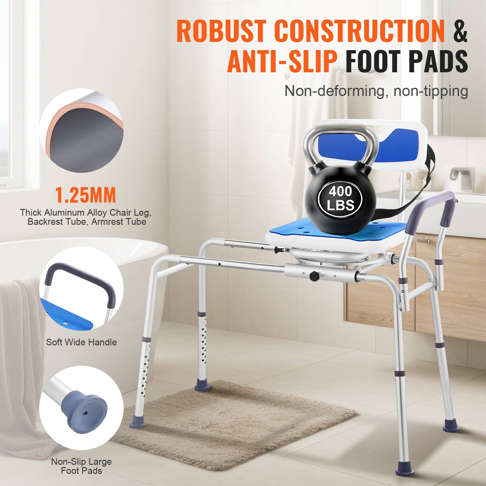 ROBUST CONSTRUCTION & ANTI-SLIP FOOT PADS
Non-deforming, non-tipping
1.25MM Thick Aluminum Alloy Chair Leg, Backrest Tube, Armrest Tube
400 LBS
Soft Wide Handle
Non-Slip Large Foot Pads
